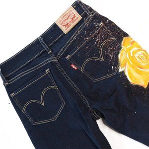 Yellow and Pink Rose Painted Dark Wash Skinny Levi